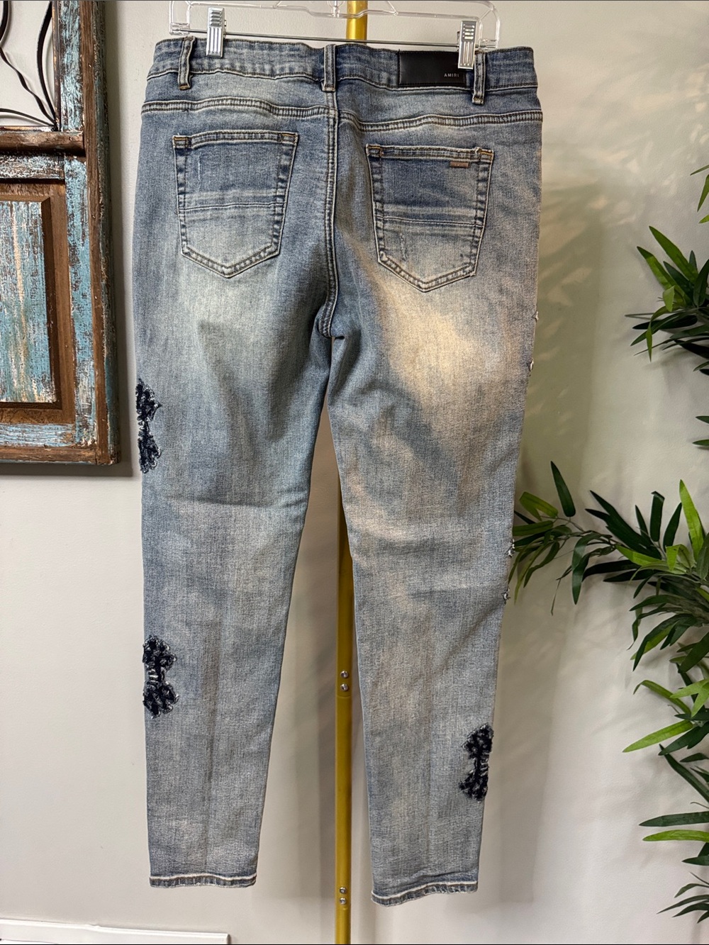 AMIRI Women's Light Blue Distressed Skinny Jeans with Embellished Patches EUC 34 - Picture 6 of 15